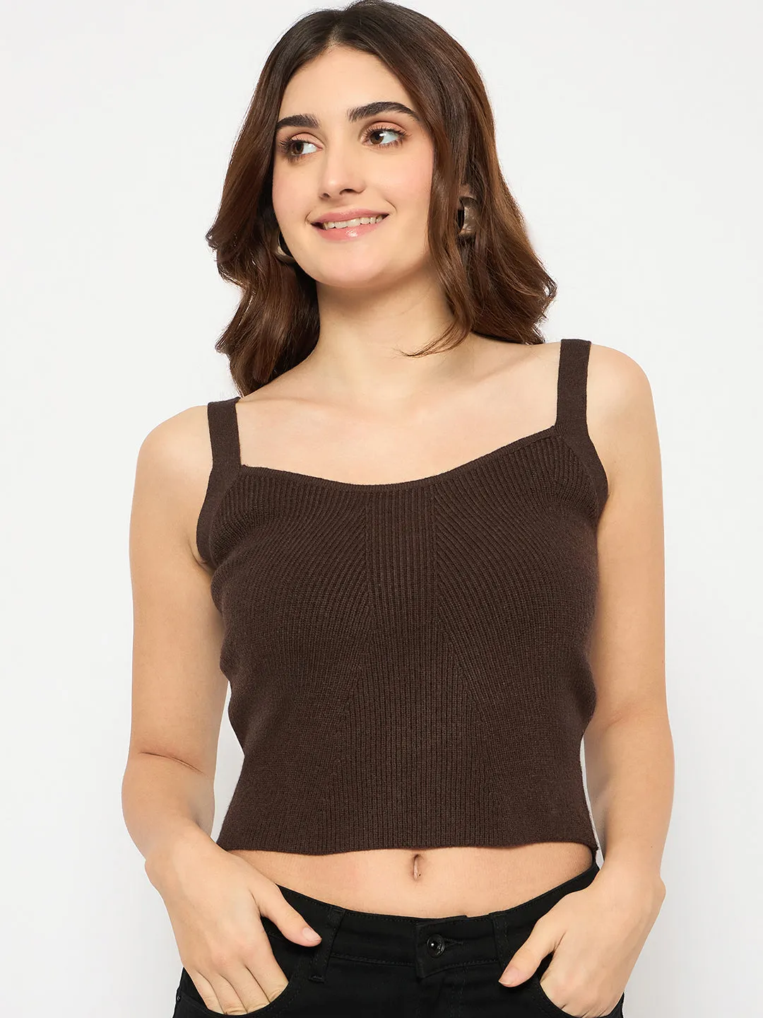 Madame Sleeveless Solid Coffee Brown Ribbed Knit Sweater Soft Layers