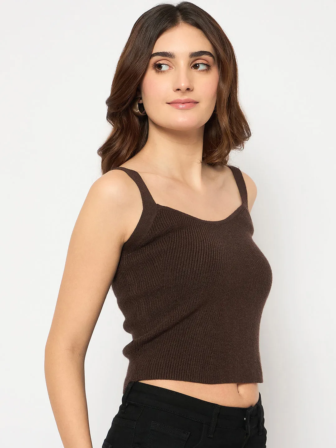 Warm Touch Relaxed Comfort Design Madame Sleeveless Solid Coffee Brown Ribbed Knit Sweater