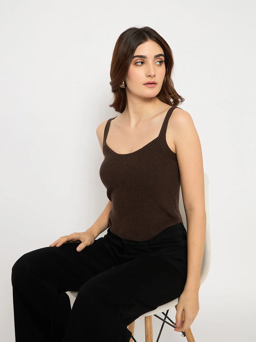 Madame Sleeveless Solid Coffee Brown Ribbed Knit Sweater Cozy Design Fit Breathable Stretch Fit