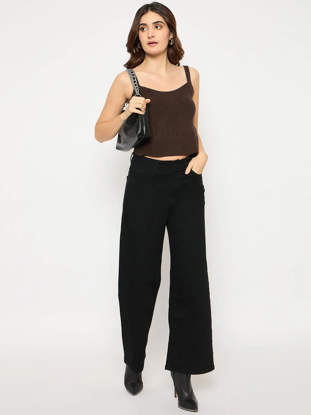 Madame Sleeveless Solid Coffee Brown Ribbed Knit Sweater Versatile Layer Effortless Layering