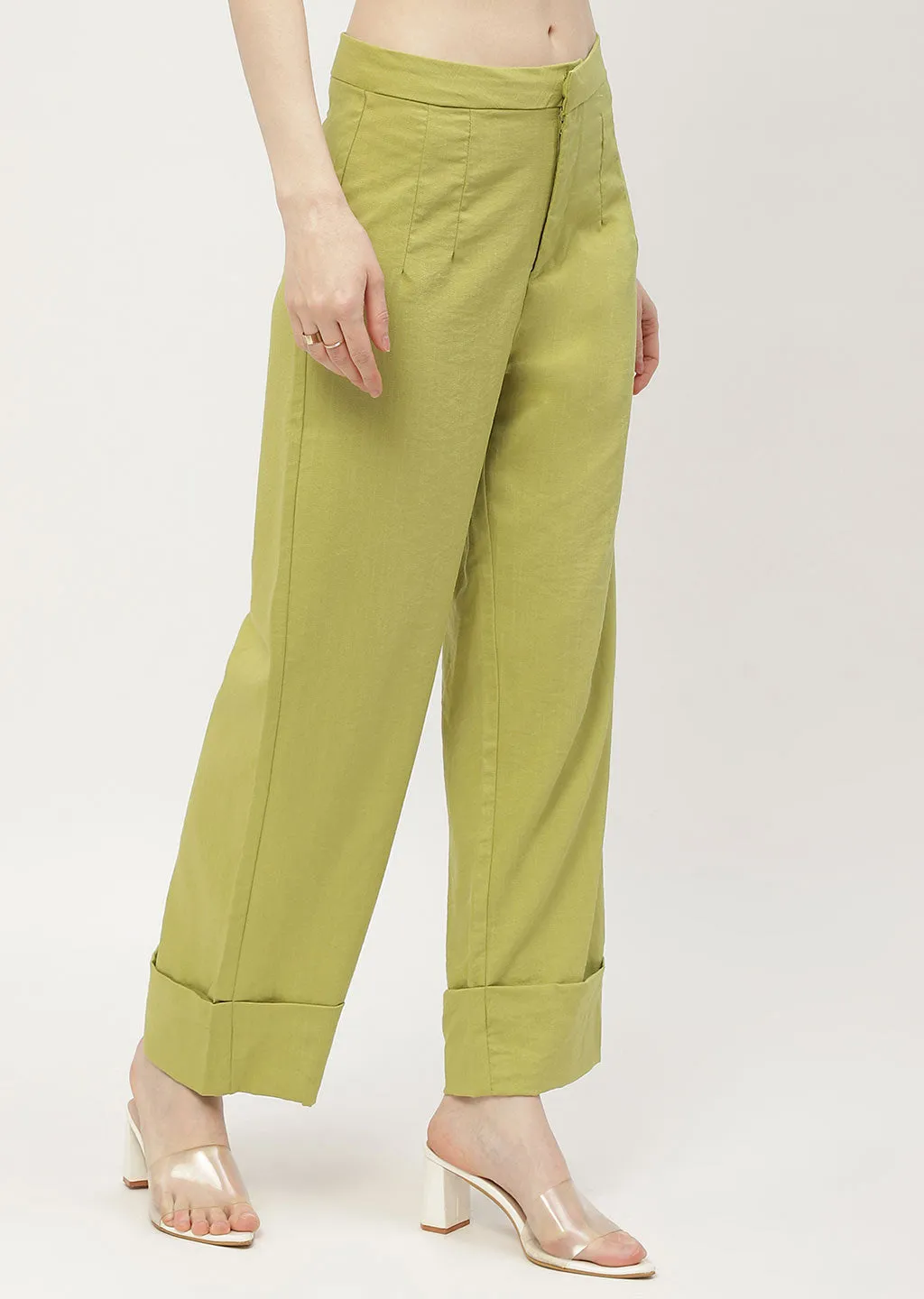 Simple Comfort Wear Quick Wear Fit Madame Solid Apple Green Folded Hem Trouser