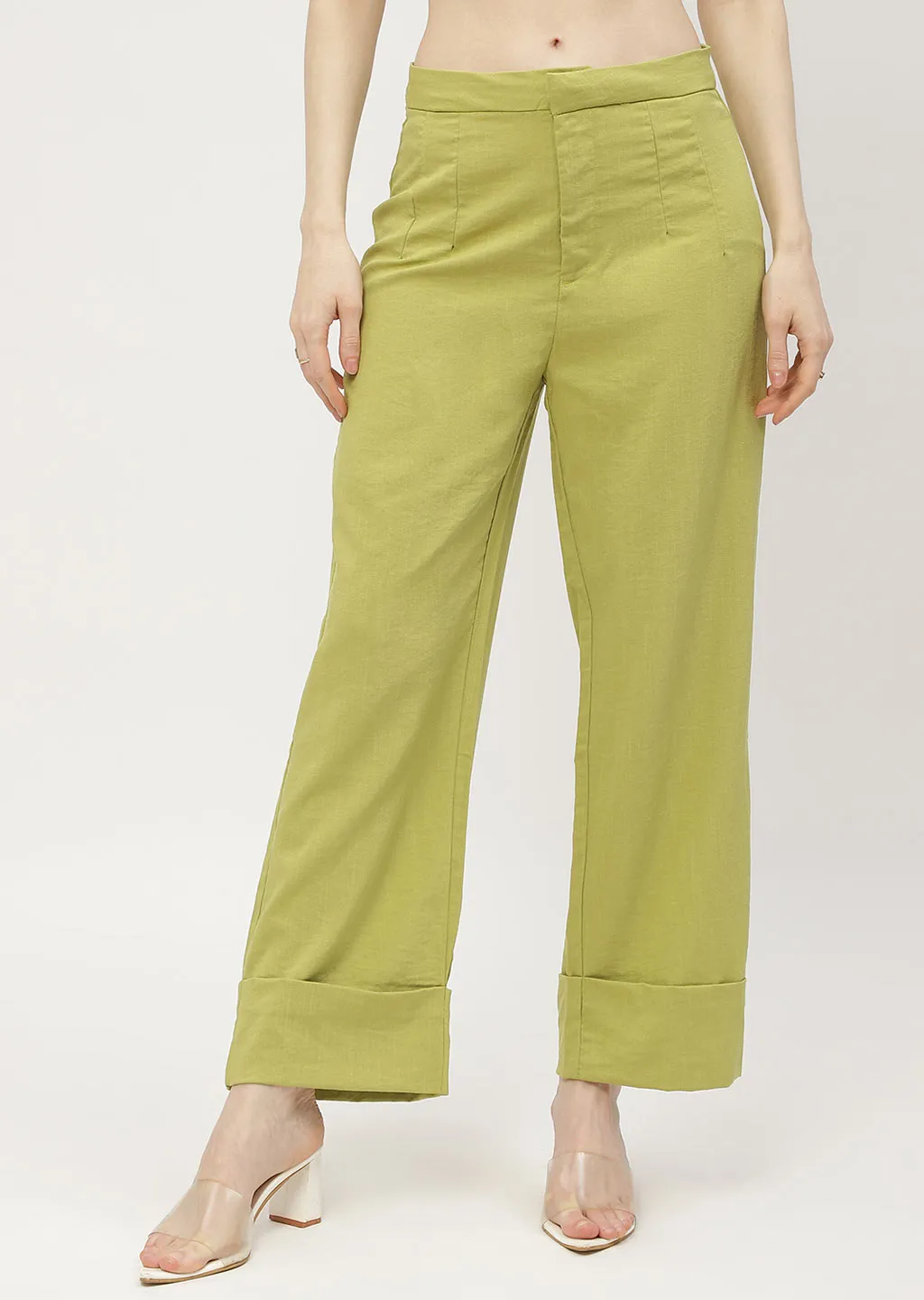 UV protection coating Fit Comfort Madame Solid Apple Green Folded Hem Trouser