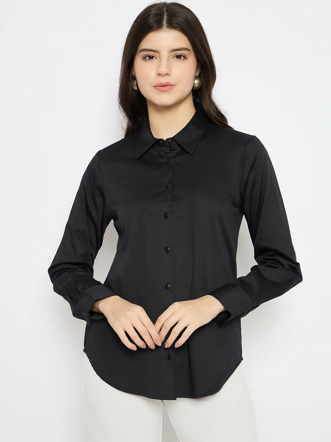 Madame Solid Black Cotton Blend Shirt Yoke Design Business casual