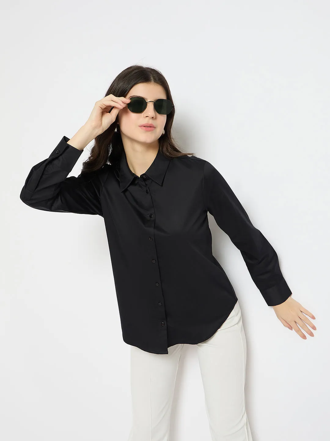 Wedding guest First Date Madame Solid Black Cotton Blend Shirt