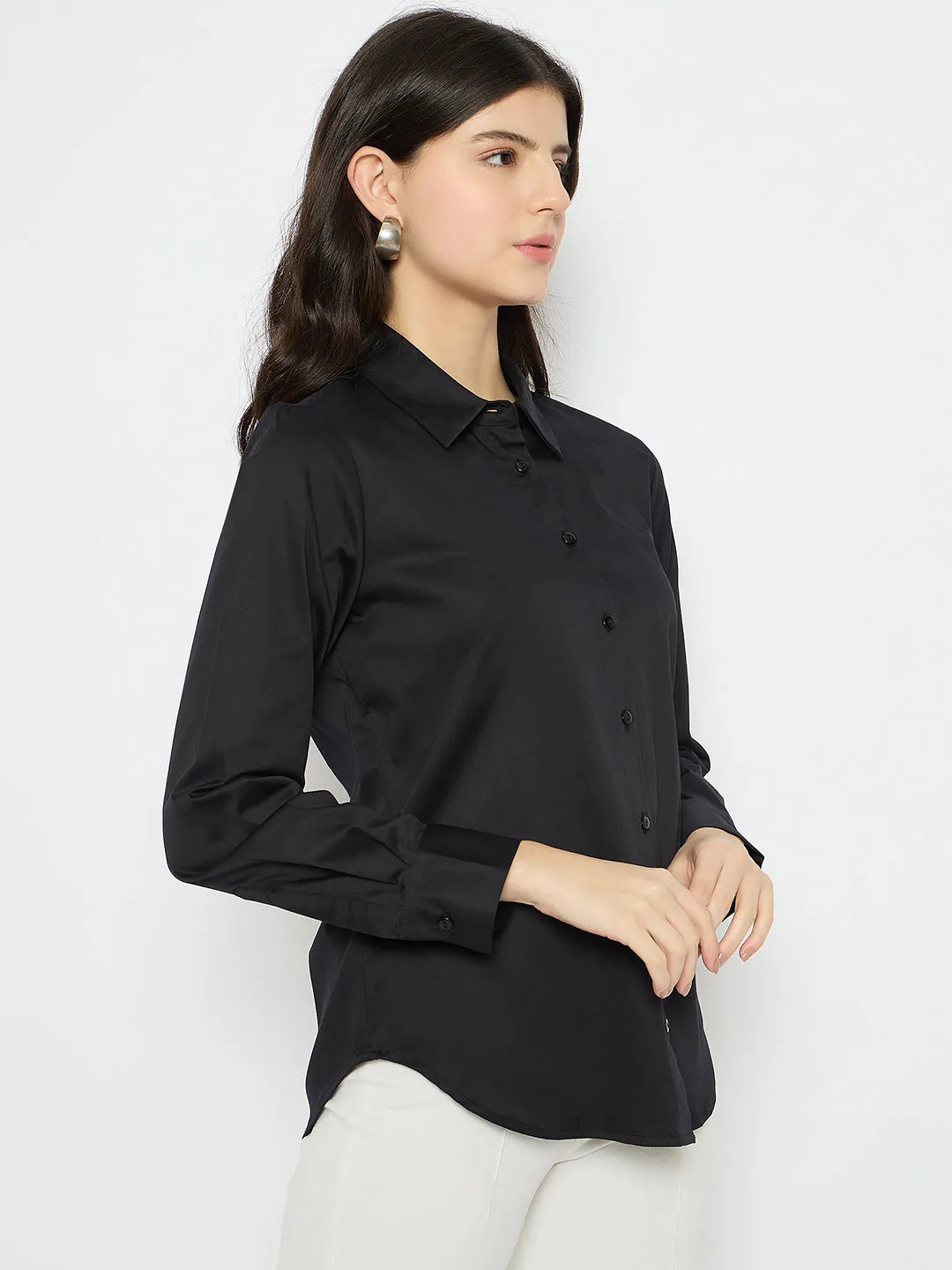 Madame Solid Black Cotton Blend Shirt Contrast Stitch Minimalist Style