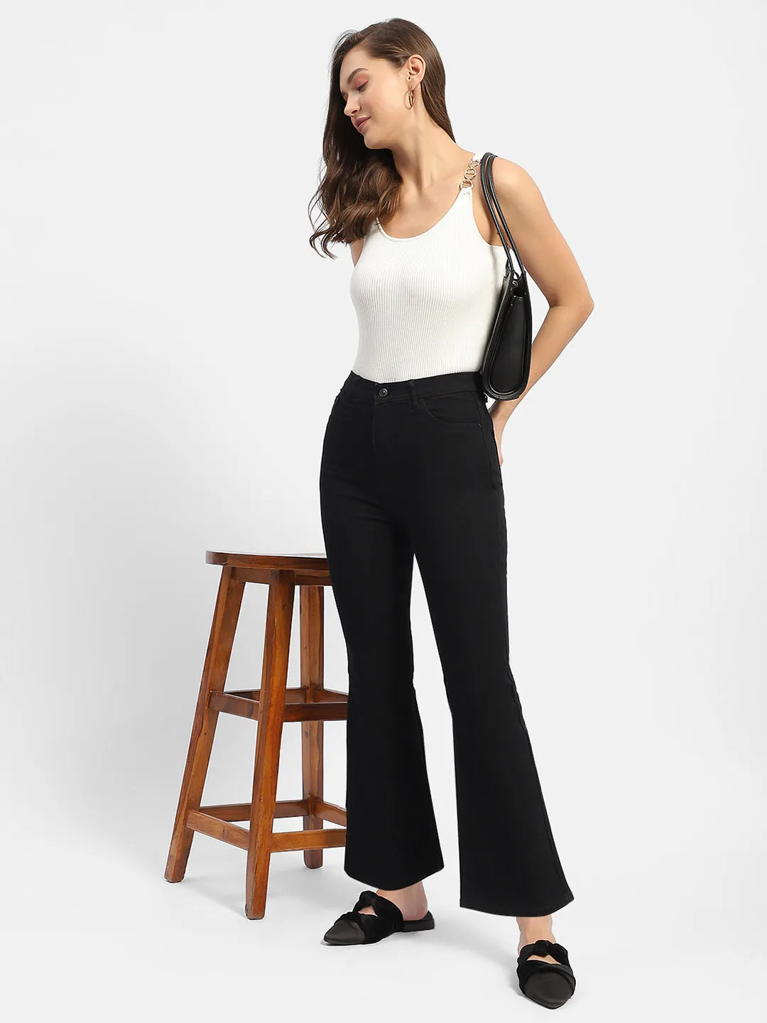 Festival Outfit Professional Wear Madame Solid Black Flared Denim Jeans