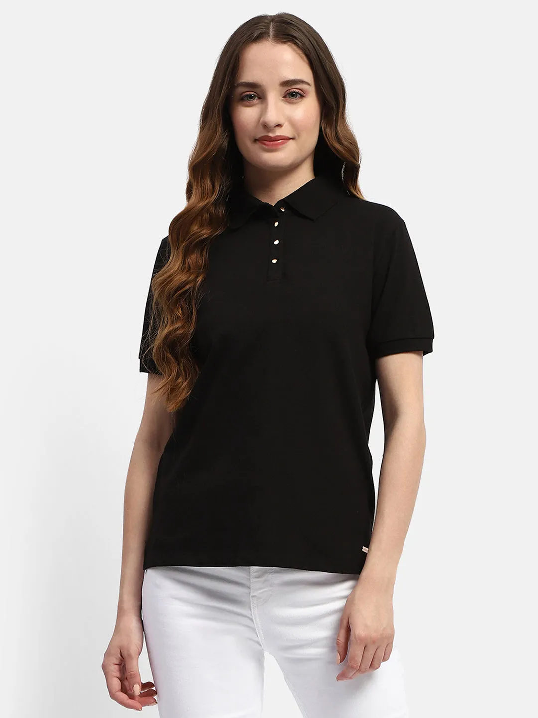 Madame Solid Black Polo Neck T-Shirt MinimalistDesign