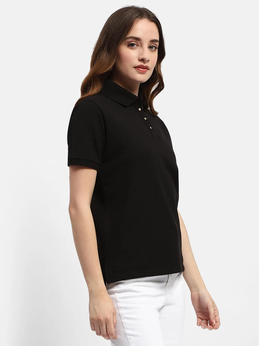 Madame Solid Black Polo Neck T-Shirt Bold Statement