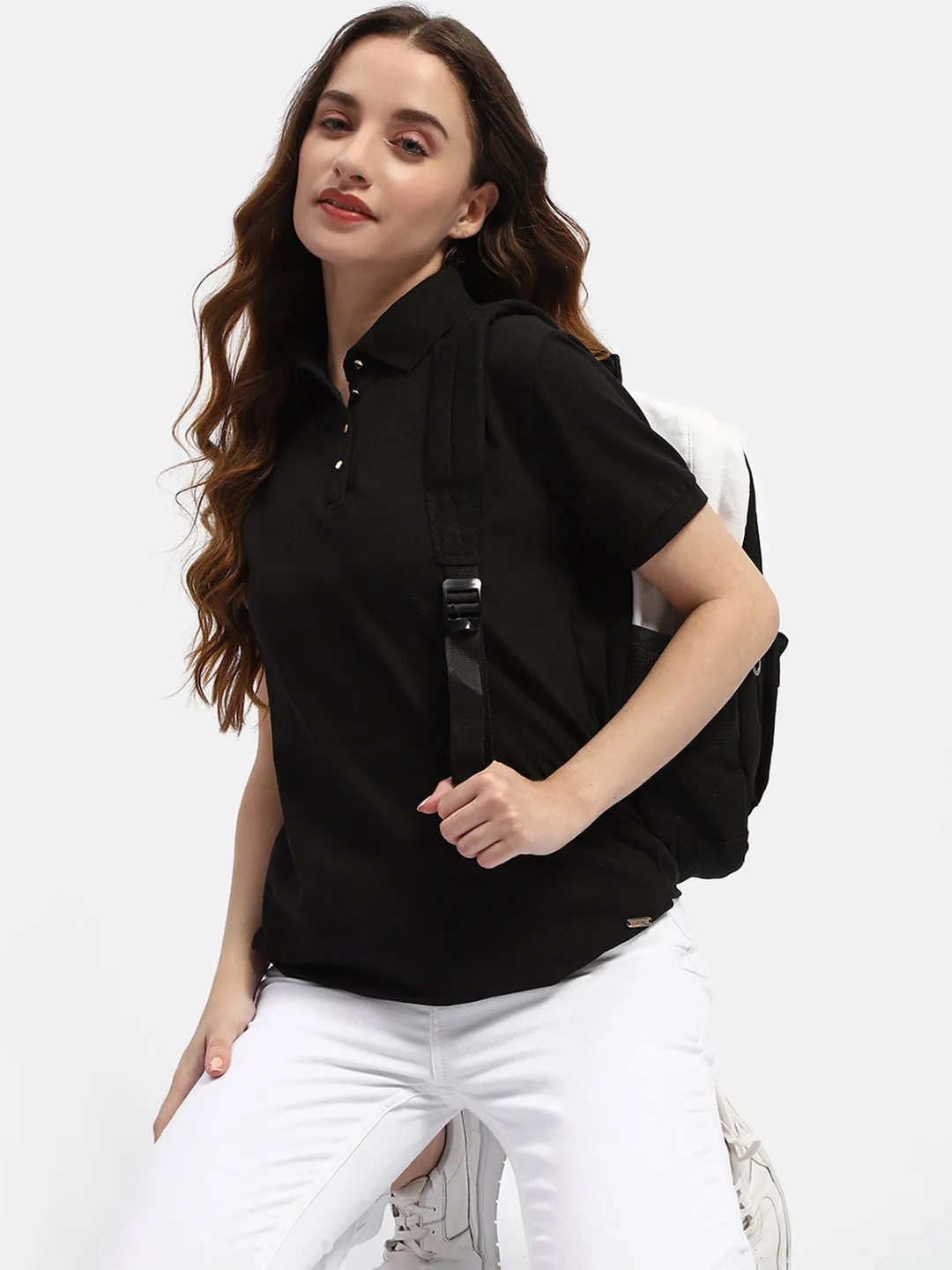 Breathable knit Madame Solid Black Polo Neck T-Shirt