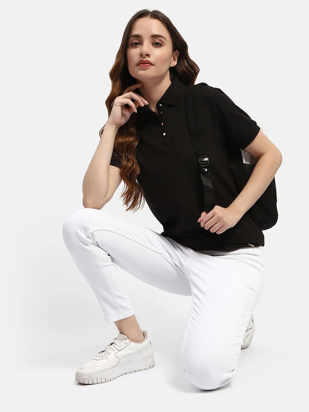 Cozy Wear Design Madame Solid Black Polo Neck T-Shirt