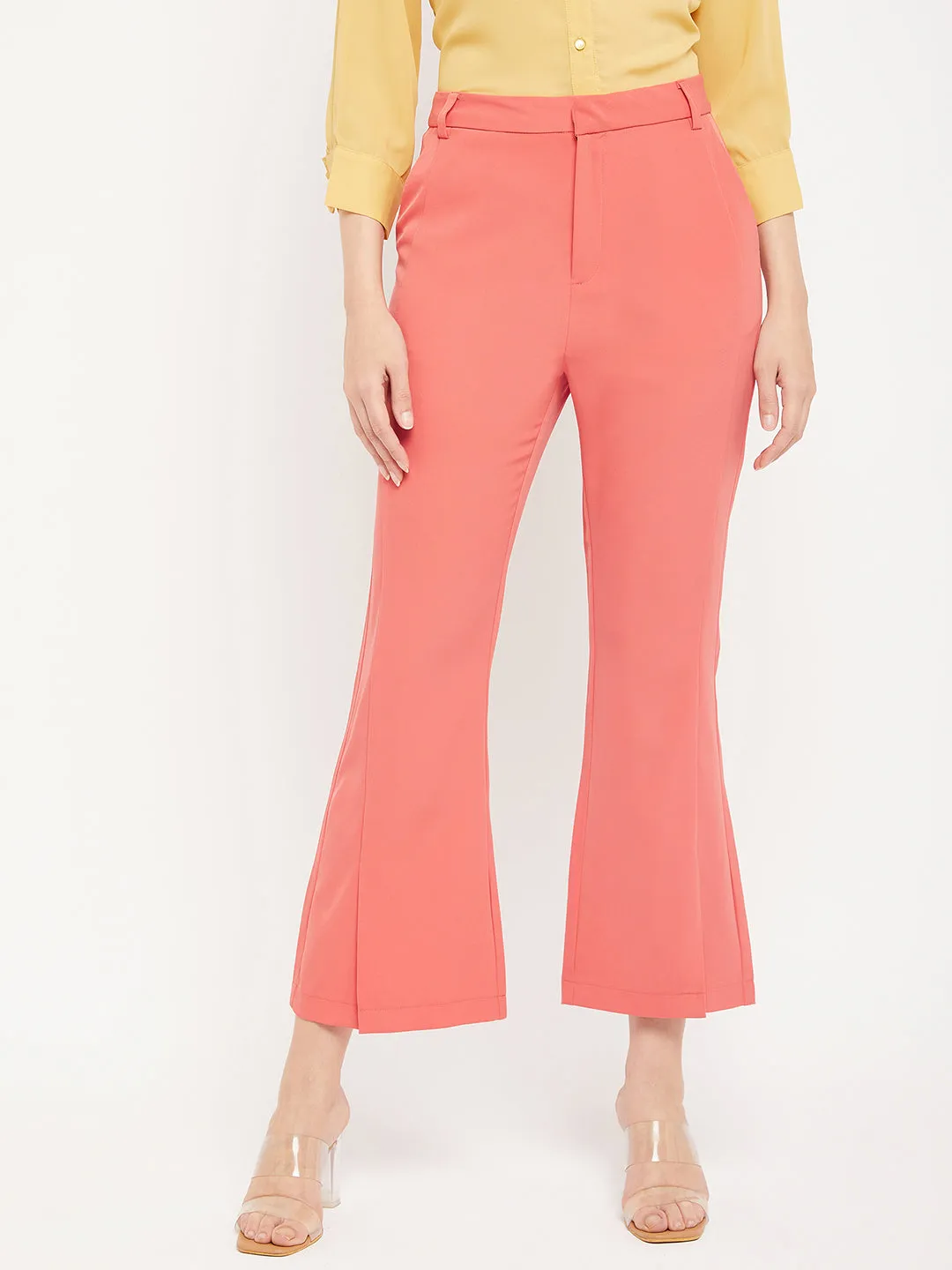 Metallic accents Chilly Weather Comfort Madame Solid Coral Bootcut Trousers
