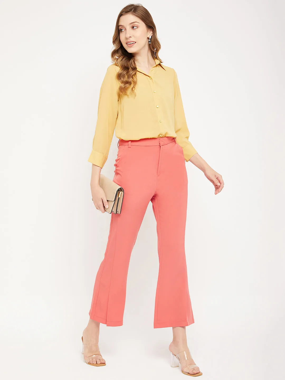 Madame Solid Coral Bootcut Trousers Versatile Comfort Wear Stylish Fit