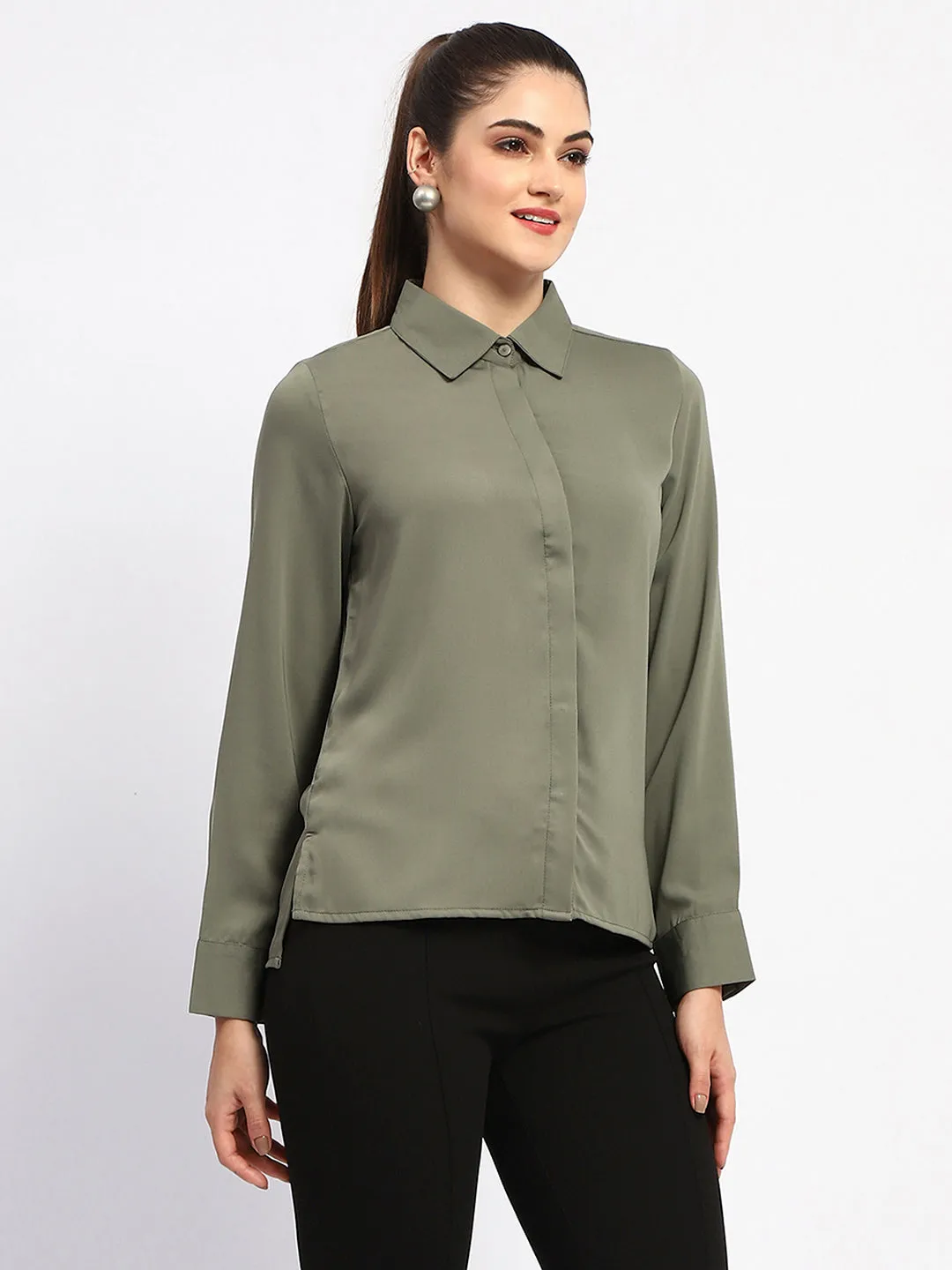 Madame Solid Green Cuff Sleeve Shirt Versatile Layering Piece
