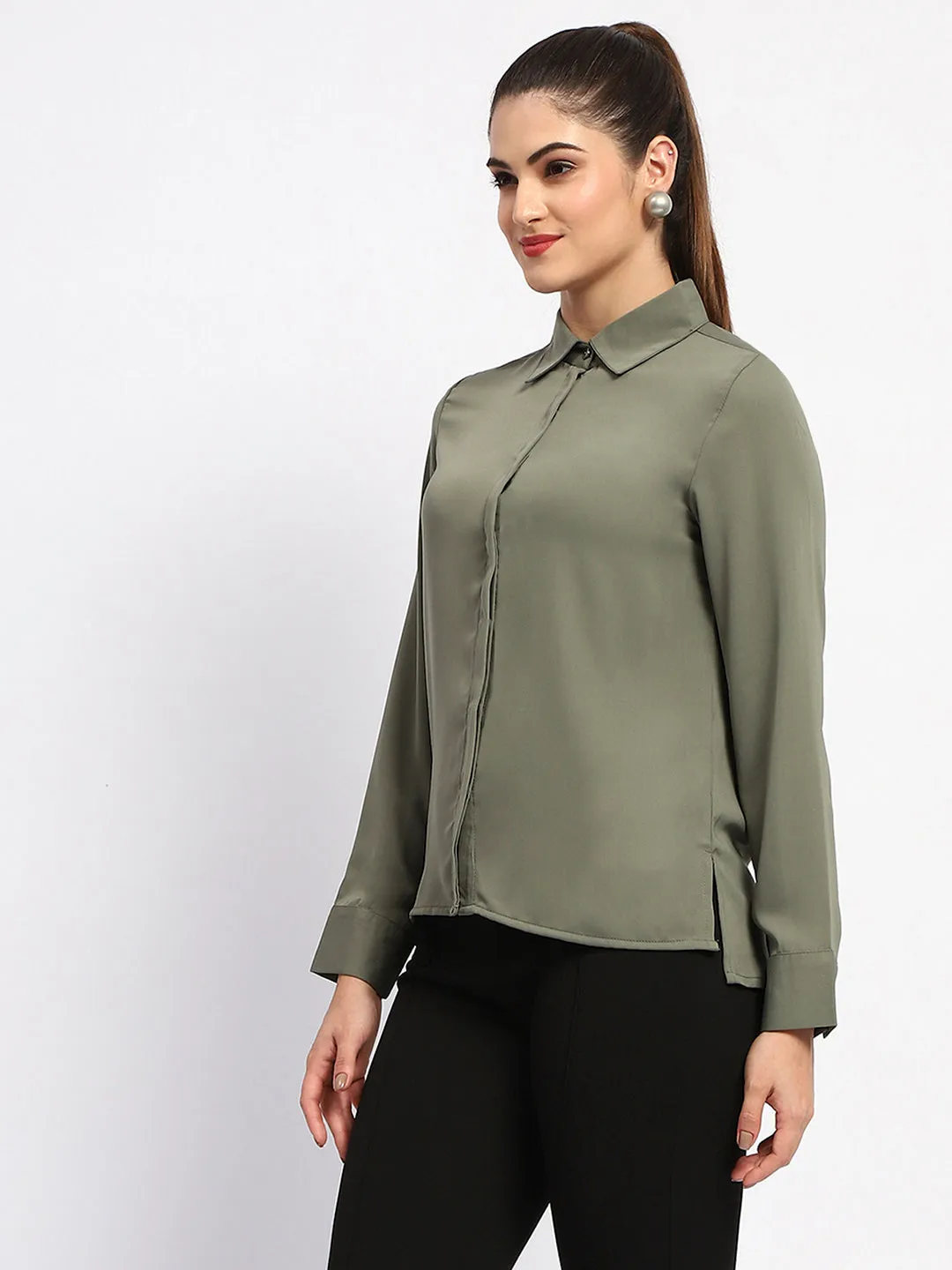 Outerwear Companion Madame Solid Green Cuff Sleeve Shirt