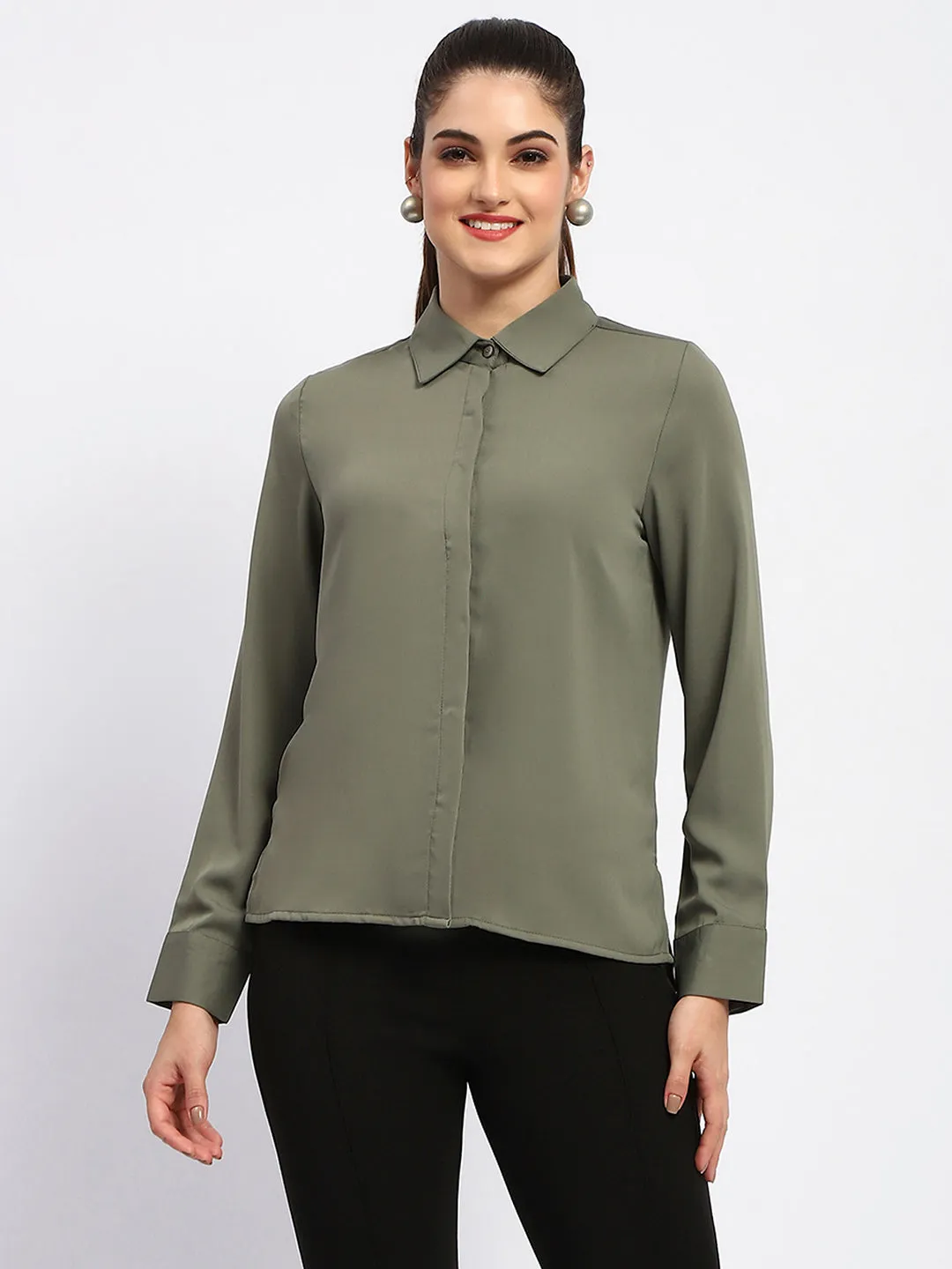 Madame Solid Green Cuff Sleeve Shirt Resort Wear
