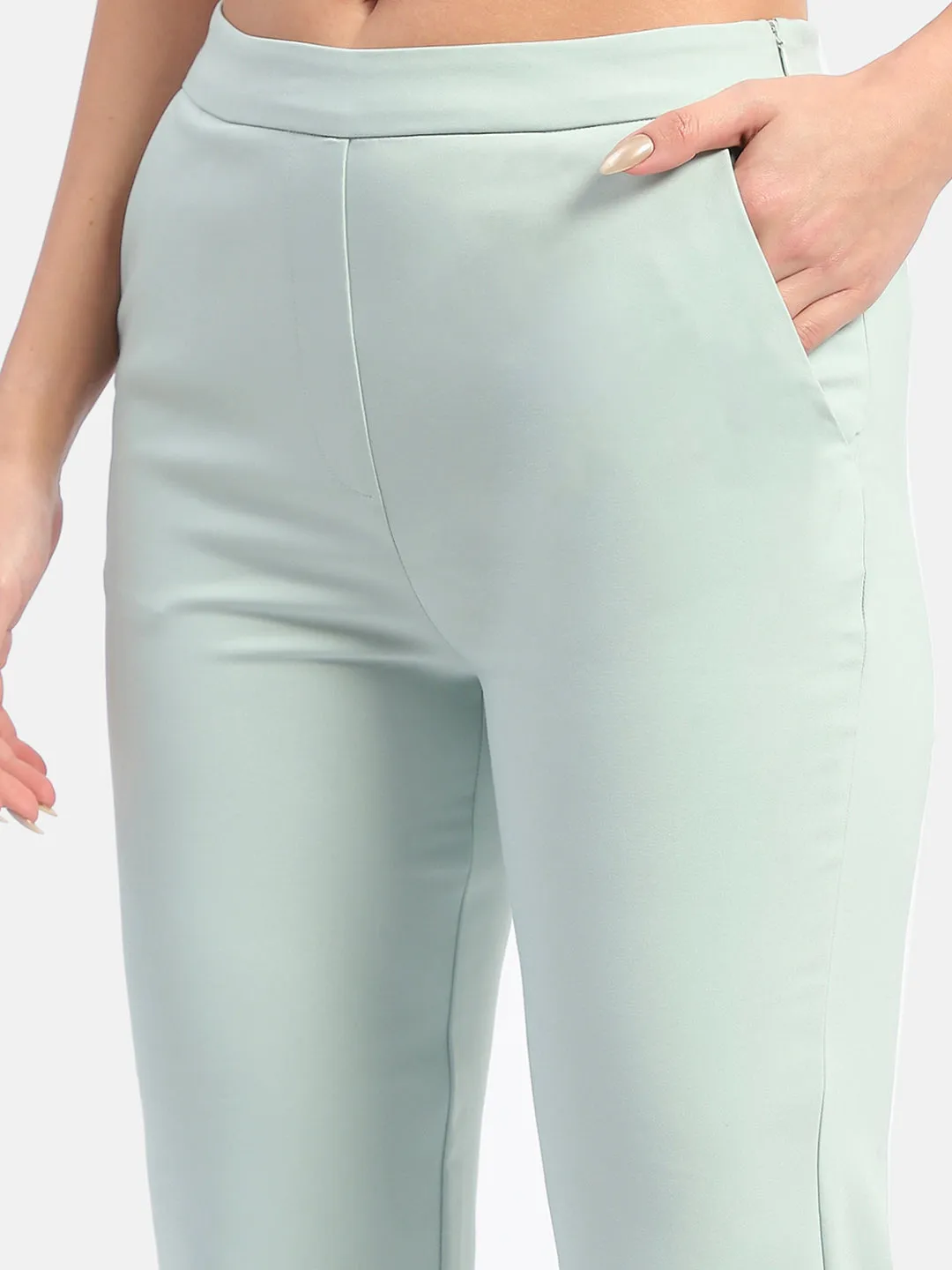 Breathable Lining Tapered ankle Madame Solid Green Flared Trousers