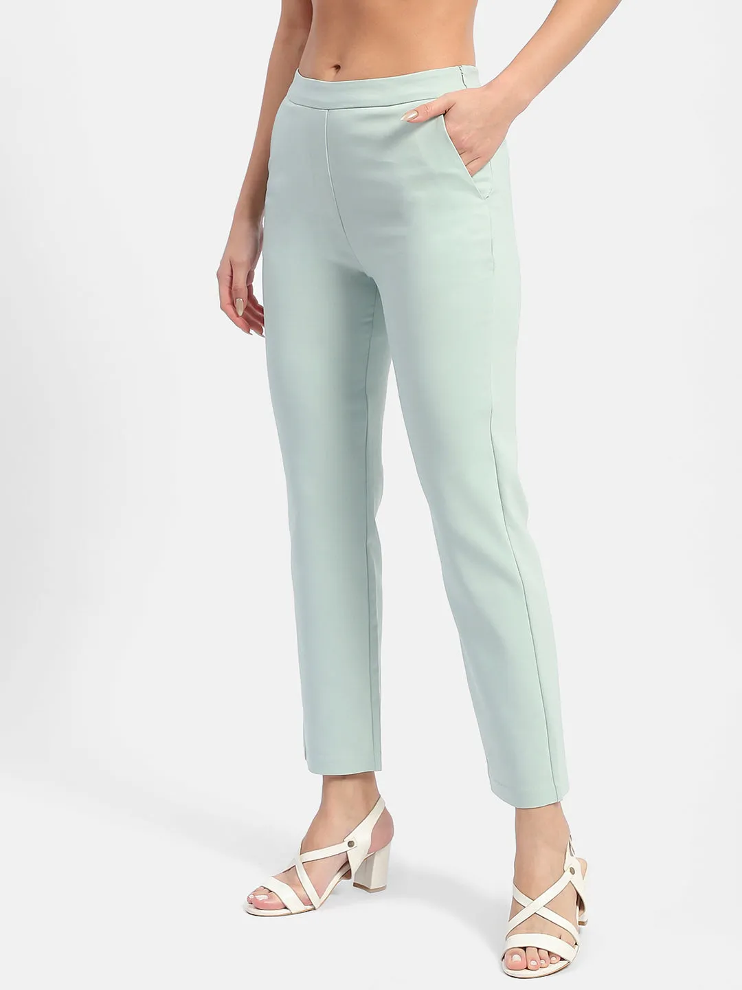 luxe feel Slim wear Madame Solid Green Flared Trousers