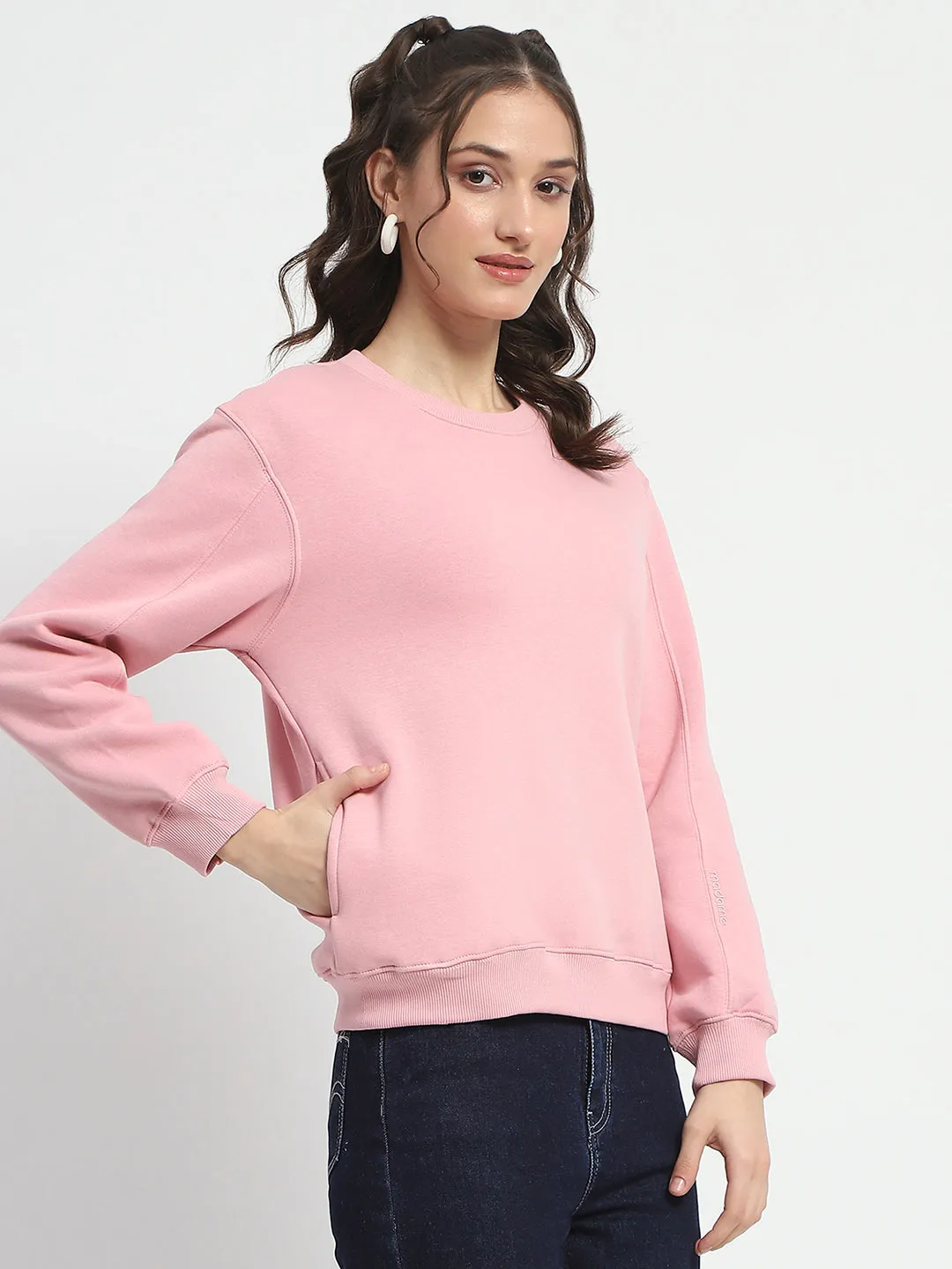 Fashion Flex Madame Solid Light Pink Crew Neck Cotton Sweatshirt