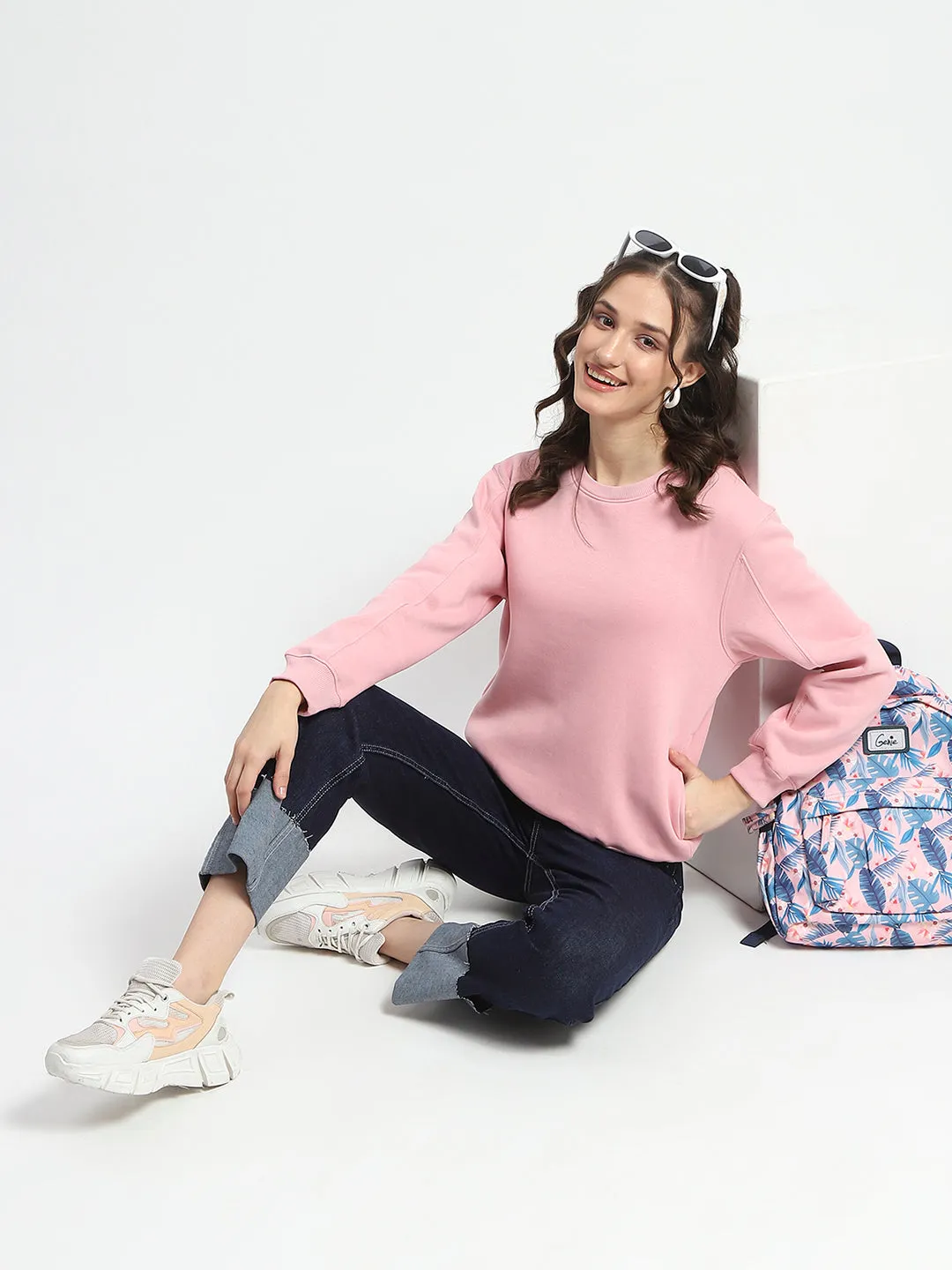 Madame Solid Light Pink Crew Neck Cotton Sweatshirt Chilly Weather Style