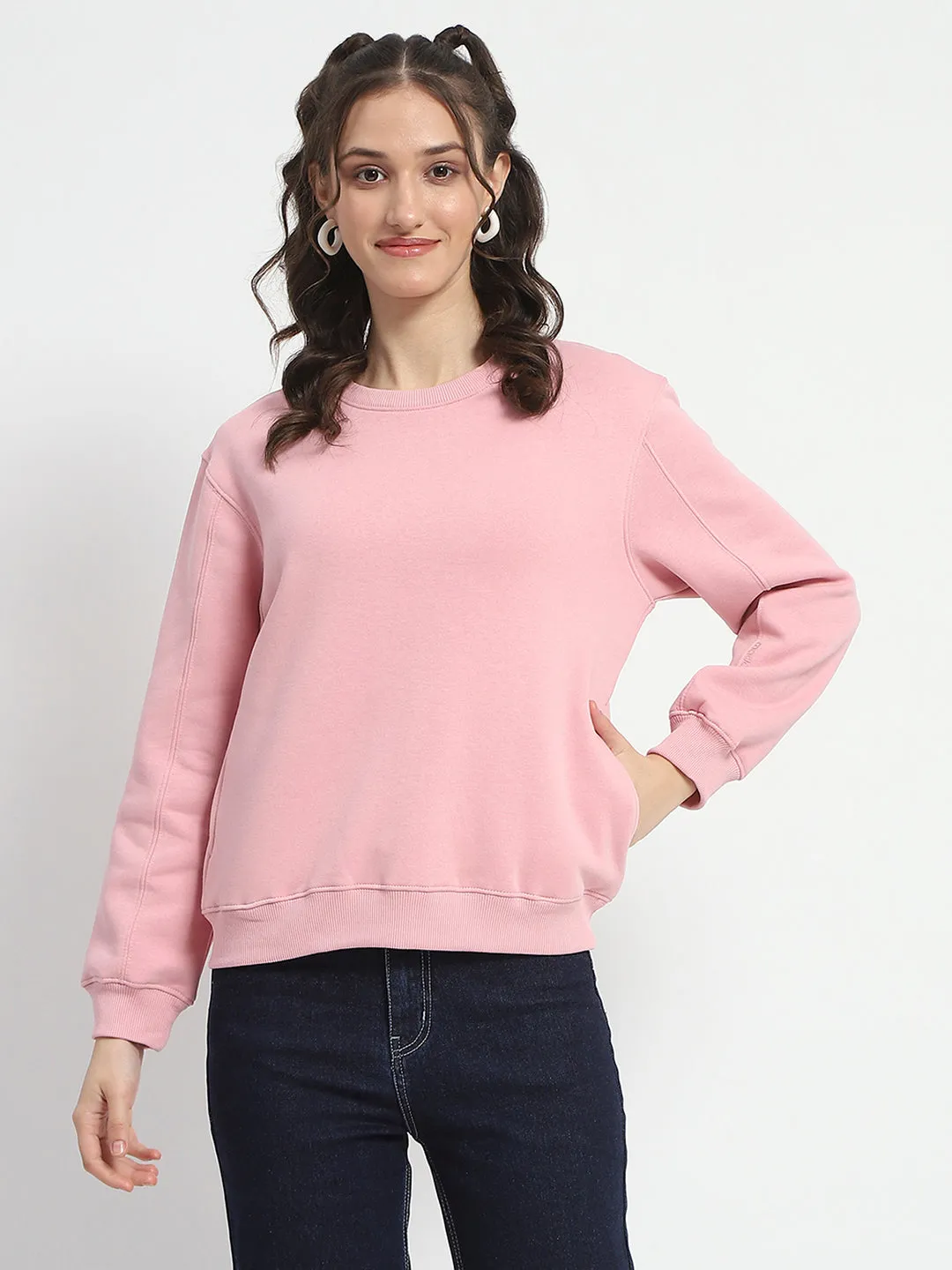 Madame Solid Light Pink Crew Neck Cotton Sweatshirt product hiking suitable durability