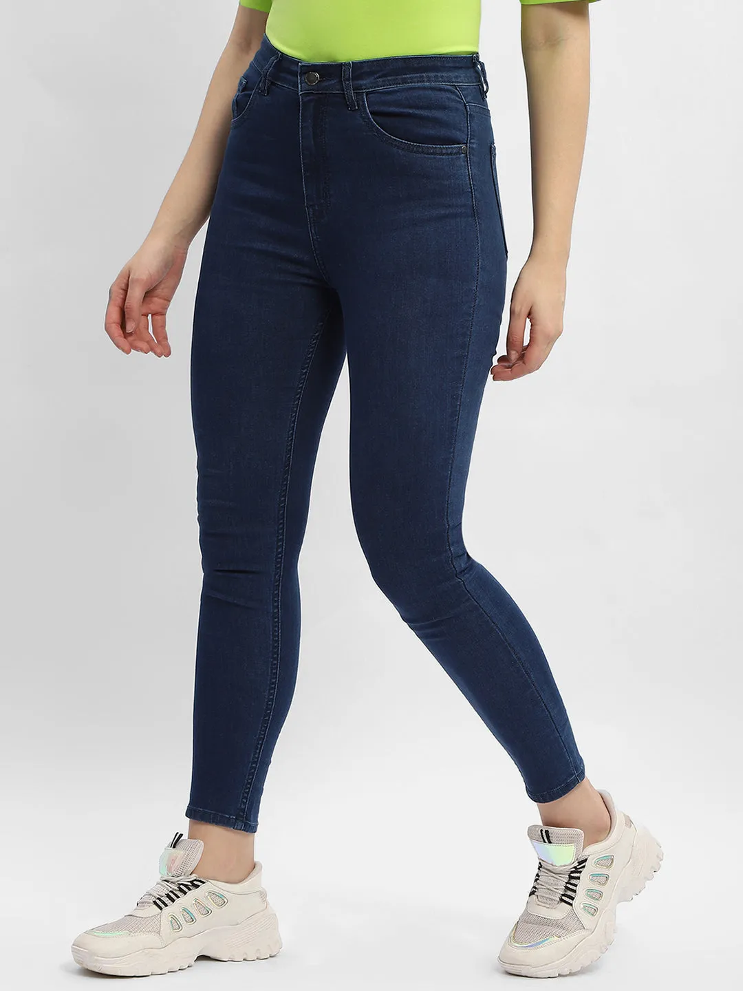 Stretch Fabric Madame Solid Mid Blue Skinny Fit Denim Jeans