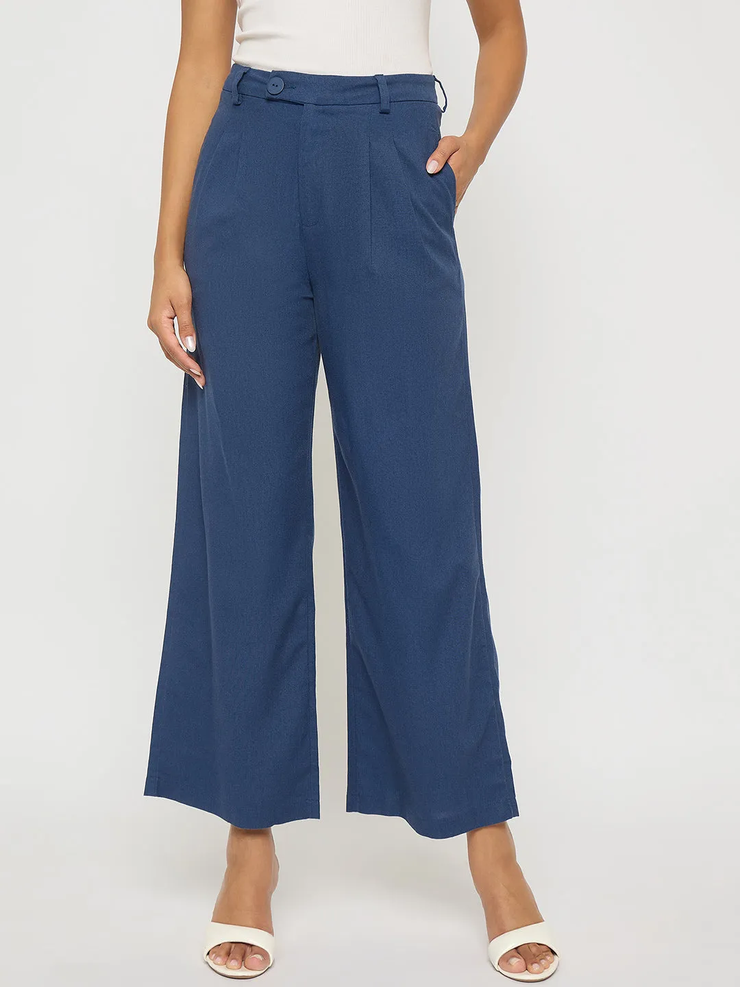 Perfectly Fit Light Waist Madame Solid Navy Blue Rayon Blend Gurkha Trousers