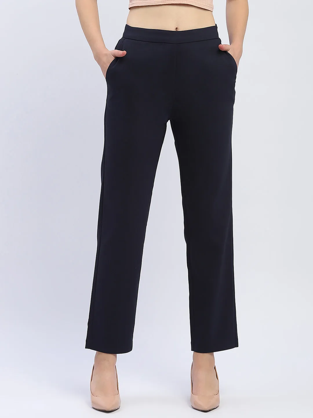 Madame Solid Navy Blue Straight Fit Trousers Feminine Fit