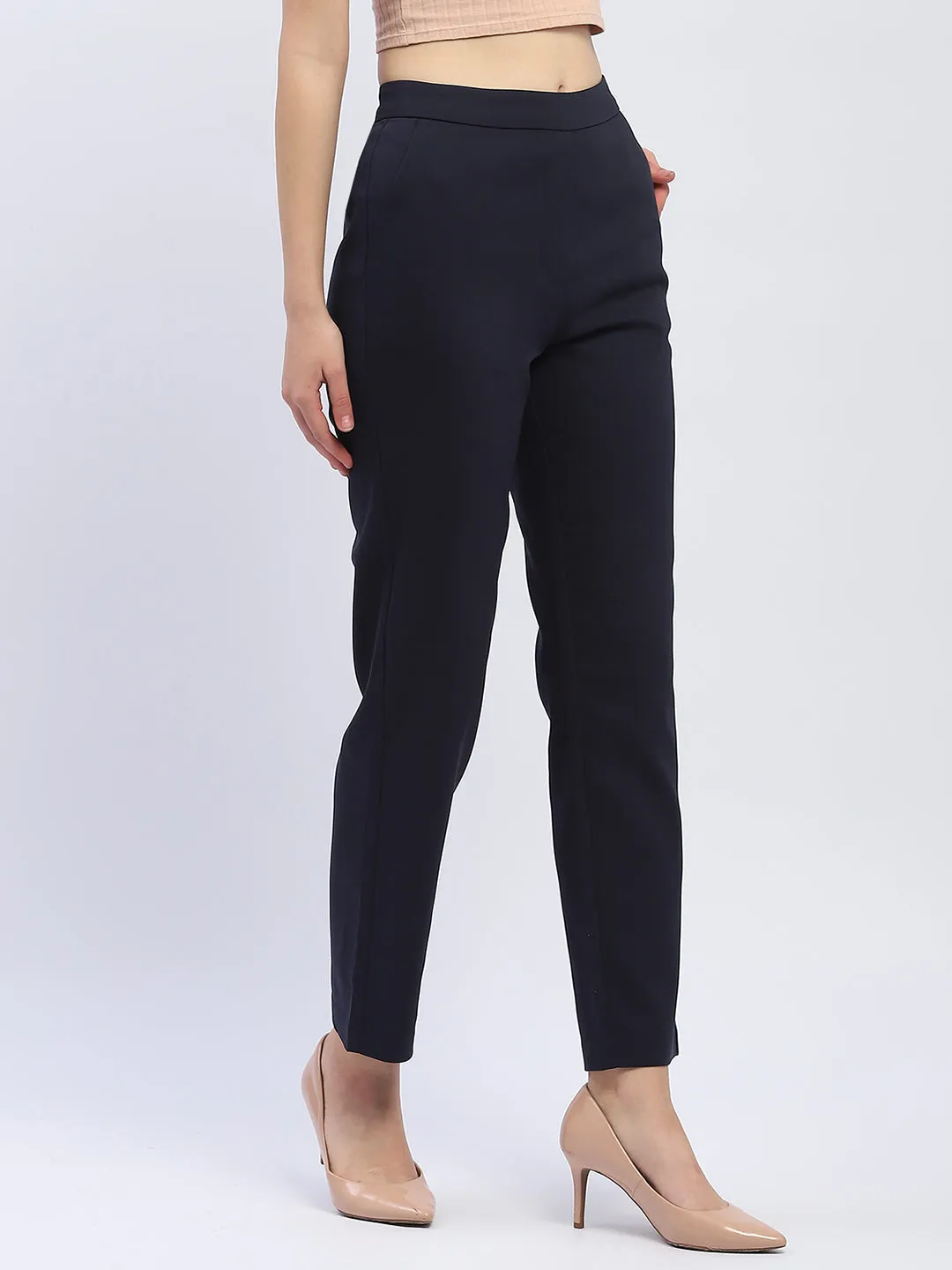 Athletic Flex Wear All Day Comfort Fit Madame Solid Navy Blue Straight Fit Trousers
