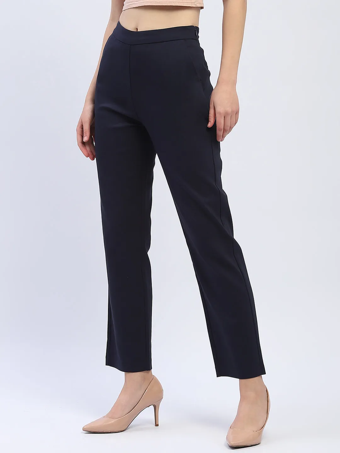 Madame Solid Navy Blue Straight Fit Trousers Casual Active Wear