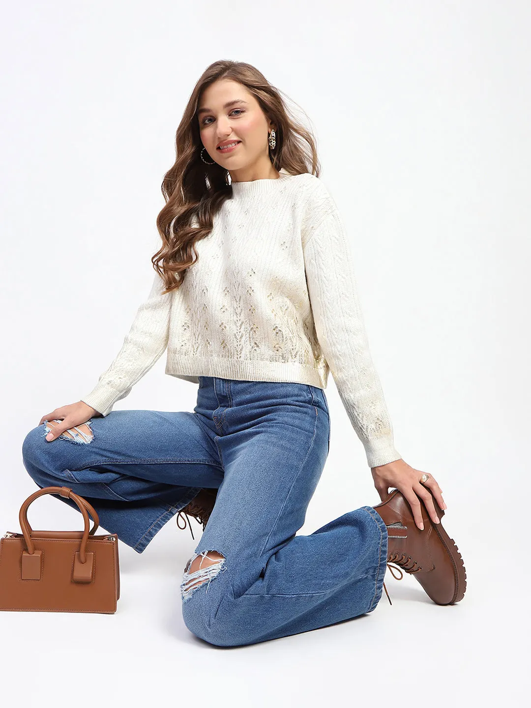 Madame Solid Off White Cable Knit Sweater Effortless Warmth Chilly Knitwear