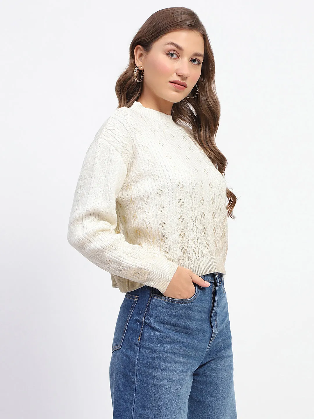 Madame Solid Off White Cable Knit Sweater Breathable layers