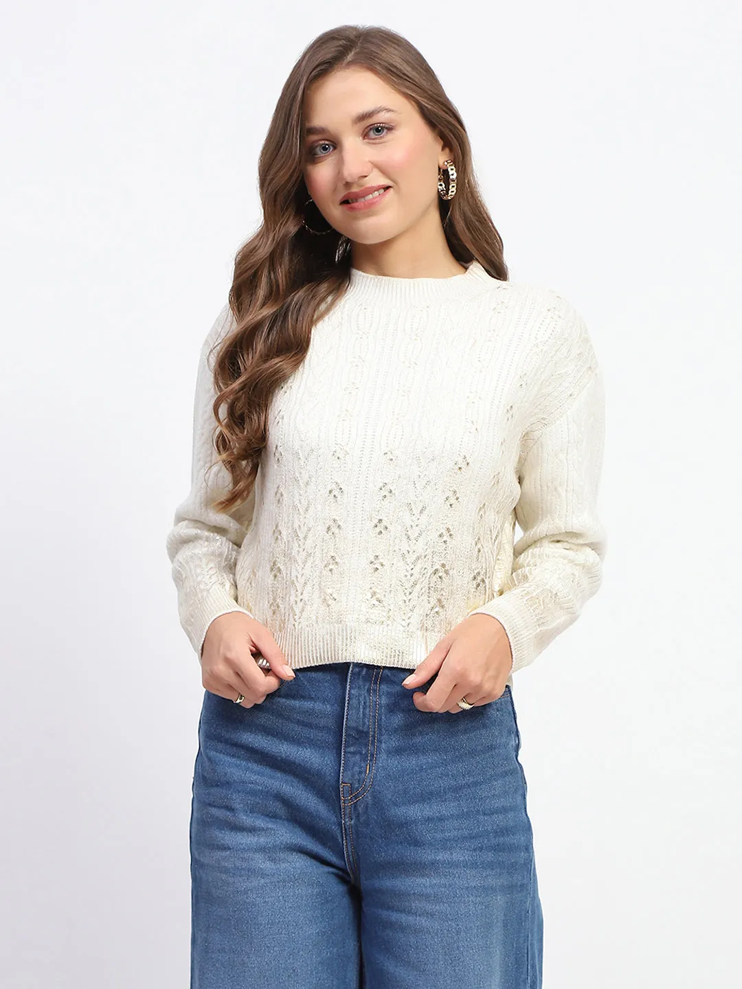 Madame Solid Off White Cable Knit Sweater Soft Interior