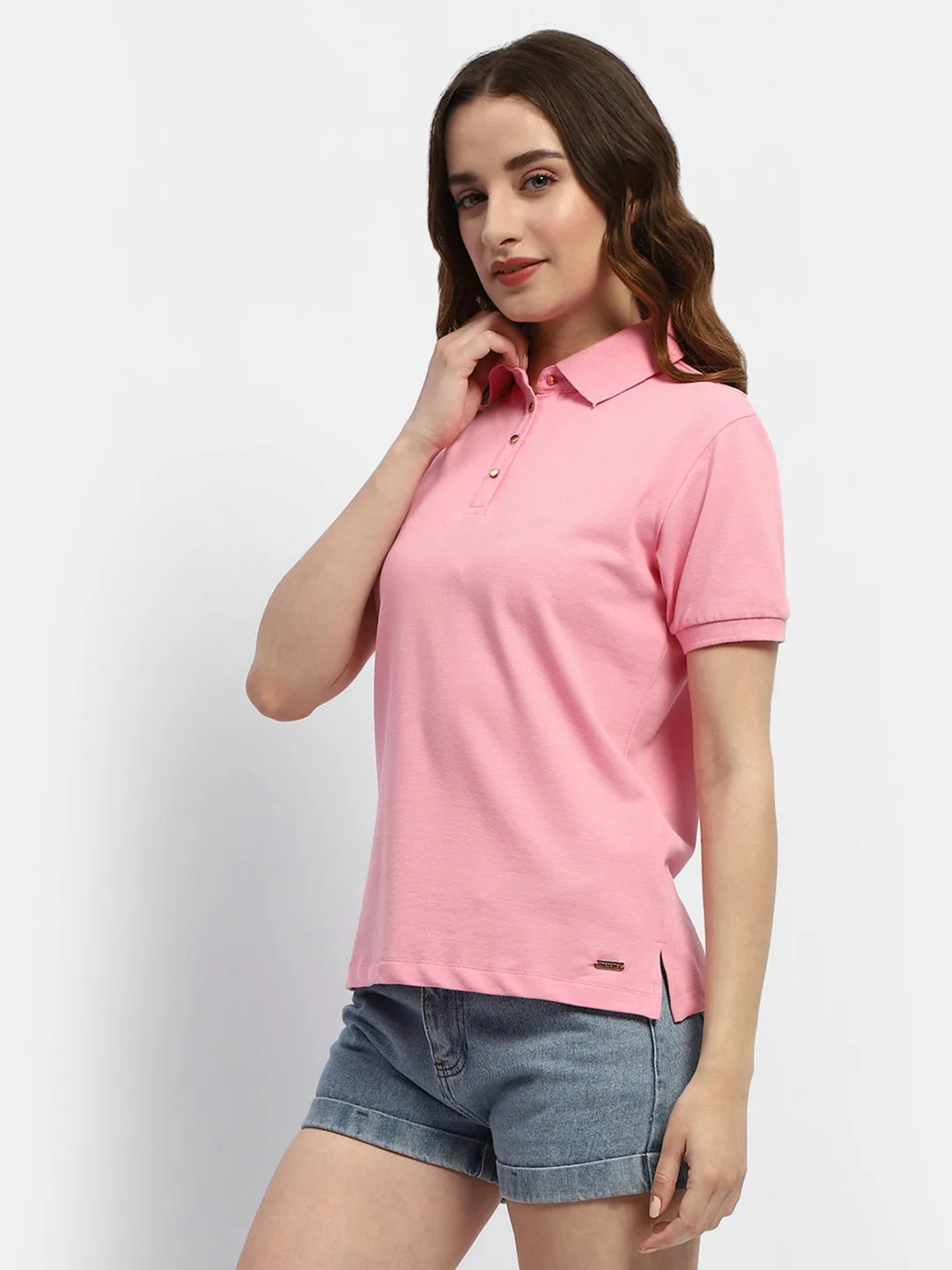 Casual Flex Design SoftenedTexturedWeave Madame Solid Pink Polo Neck T-Shirt