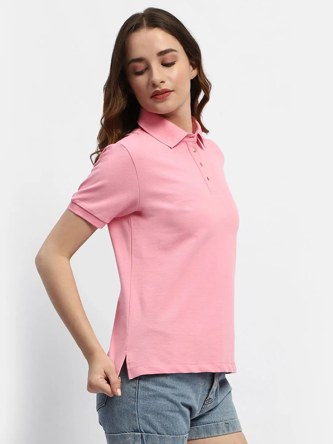 Madame Solid Pink Polo Neck T-Shirt Soft and Light Smart Wear