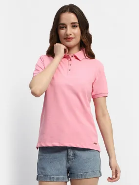 Madame Solid Pink Polo Neck T-Shirt Feminine Touch