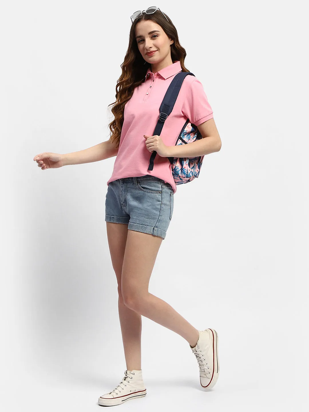 Pocket Detailing Summer cool Madame Solid Pink Polo Neck T-Shirt