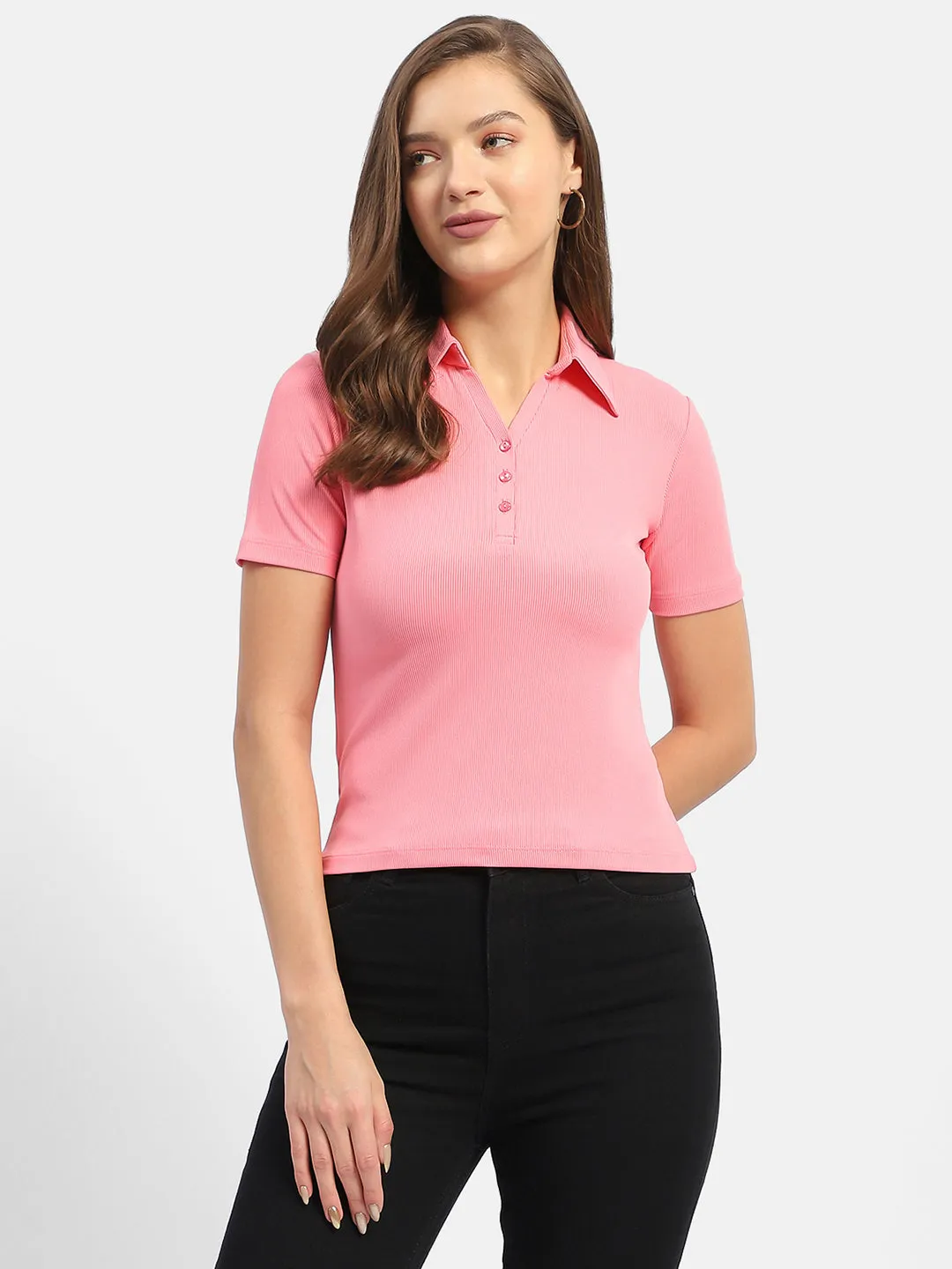 Madame Solid Pink Polo Neck T-Shirt Non Iron Finish