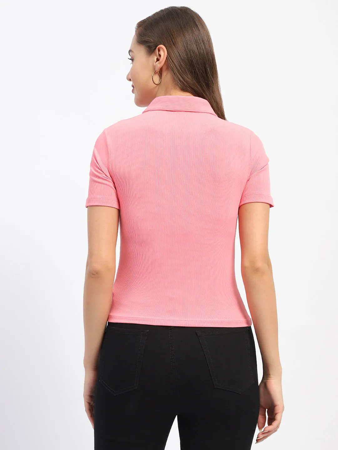 Madame Solid Pink Polo Neck T-Shirt Comfort Flex