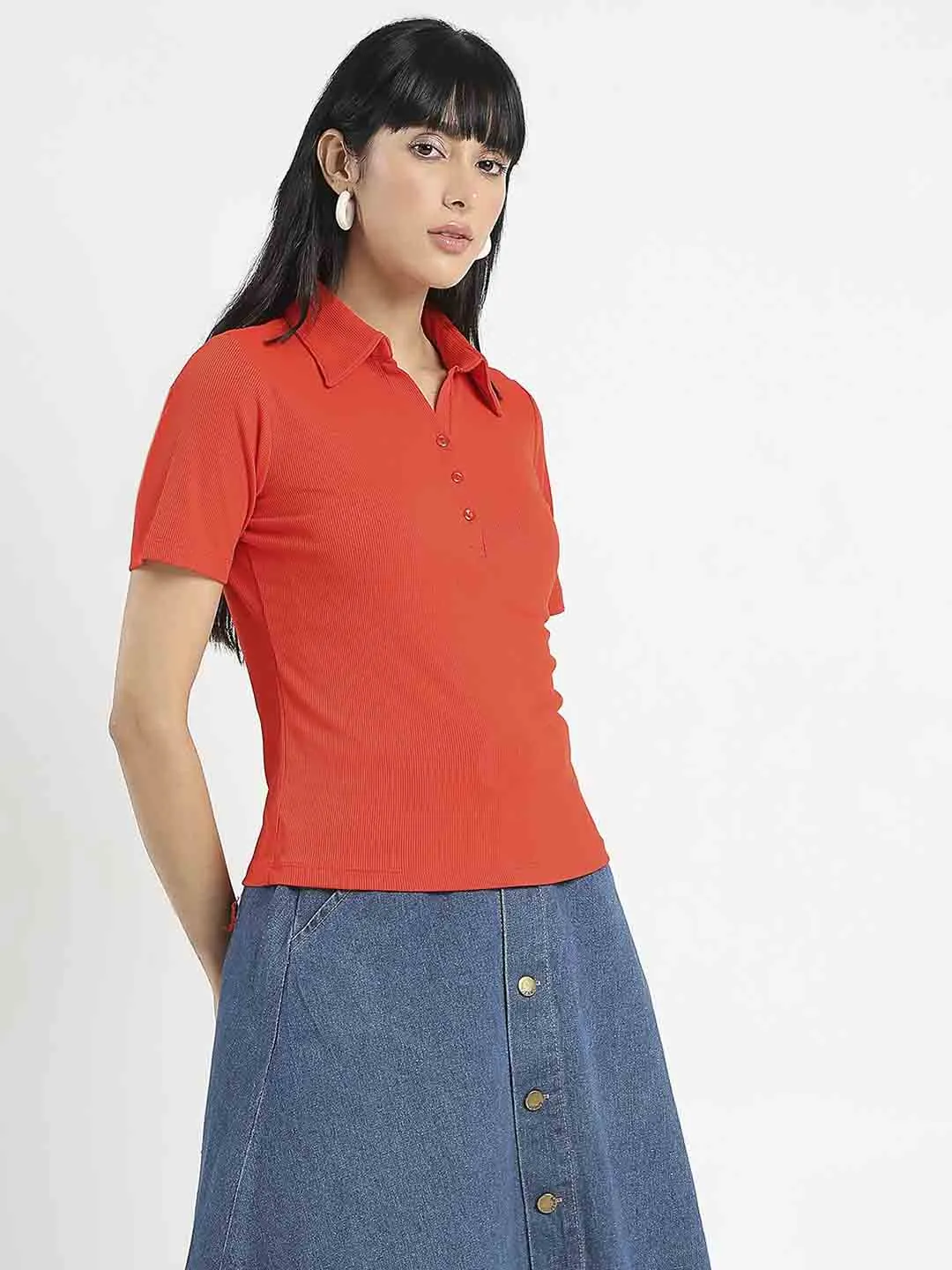 Madame Solid Red Polo Pique T-Shirt Cross Grain Knit