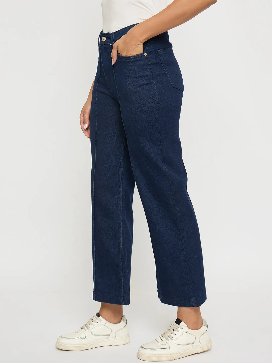 Cozy Vibe Sustainable Trend Setter Versatile Madame Stone Wash Cotton Blend Dark Blue Flared Jeans