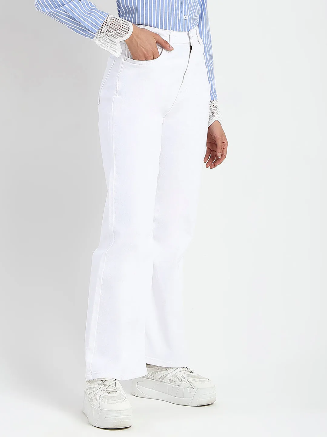 Madame Stone Wash Wide Leg White Jeans Comfortable Appearance Classic Office Wear