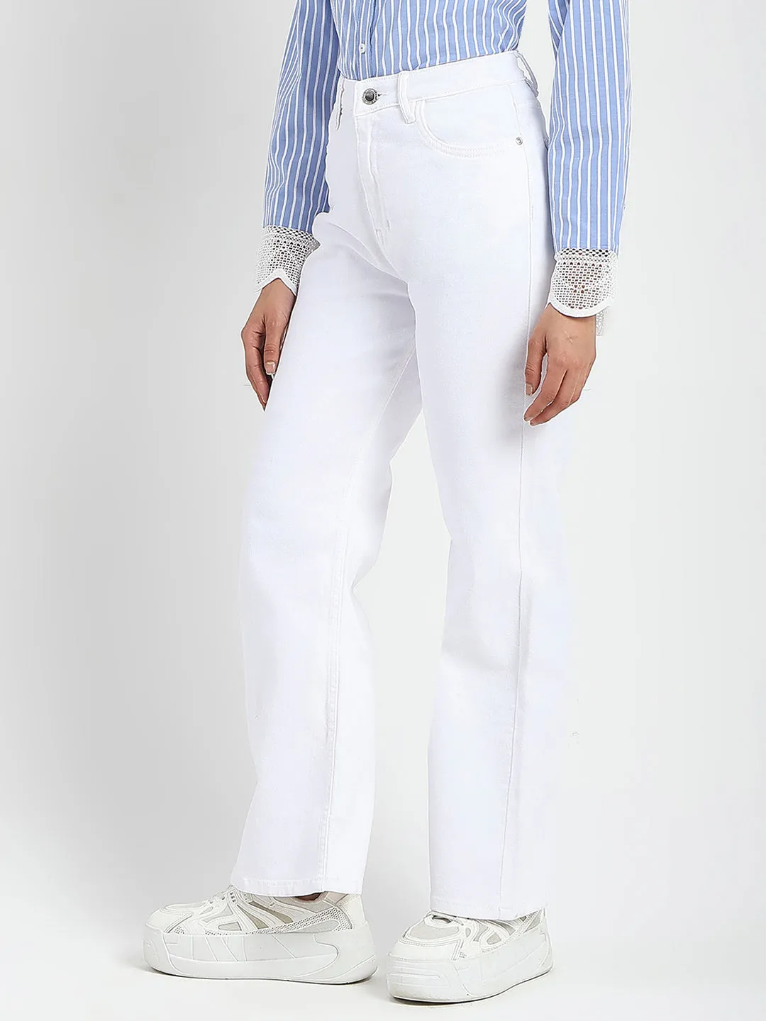 Minimalist Adult Fashion Relaxed Basics Madame Stone Wash Wide Leg White Jeans