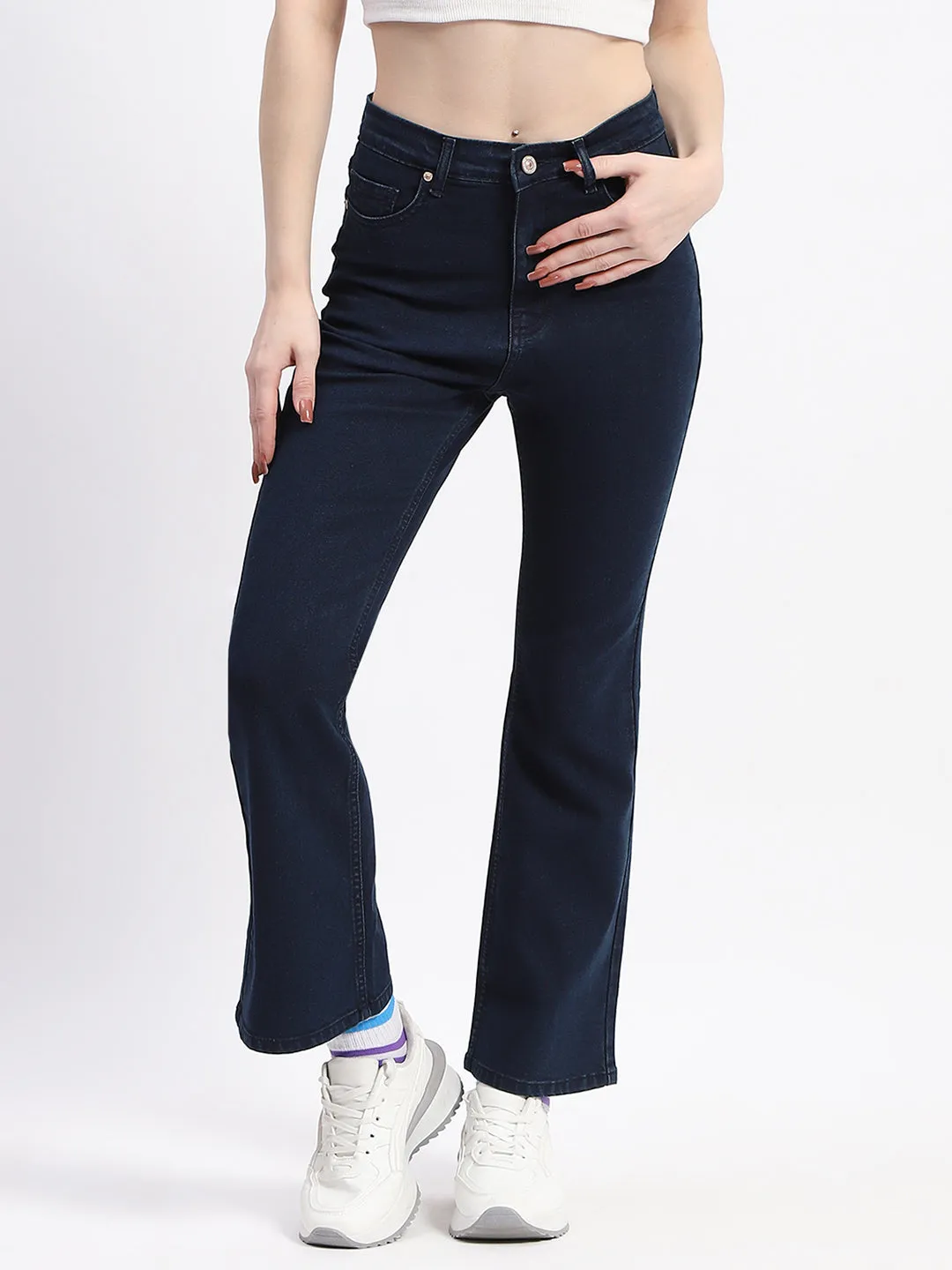 Madame Straight-Fit Dark Blue Cotton Denim Jeans Office Wear Casual