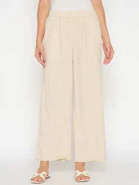 Madame Straight Fit Solid Beige Rayon Blend Trousers high waisted Office Friendly