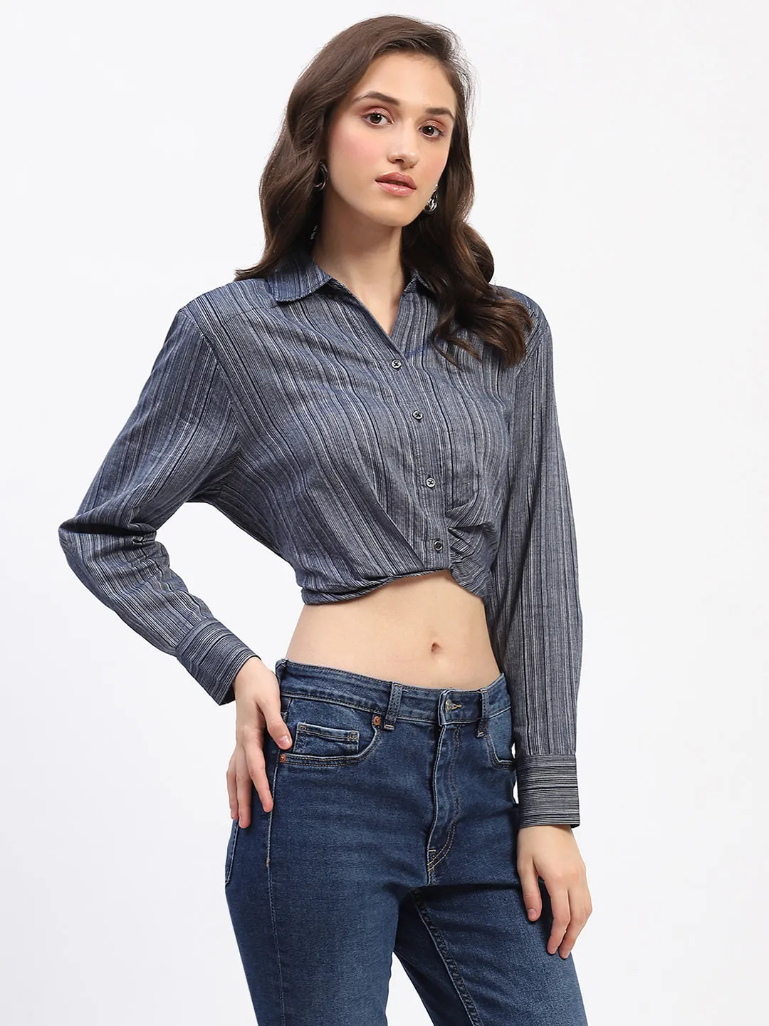 formal dinner Madame Striped Overlap Detailing Collared Mauve Shirt