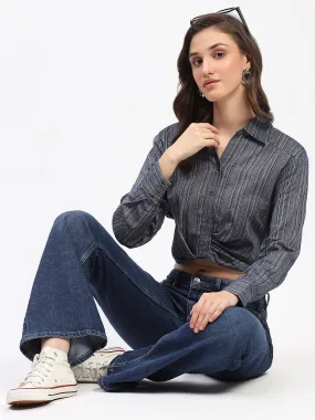 Madame Striped Overlap Detailing Collared Mauve Shirt Tear Resistant Reinforcement