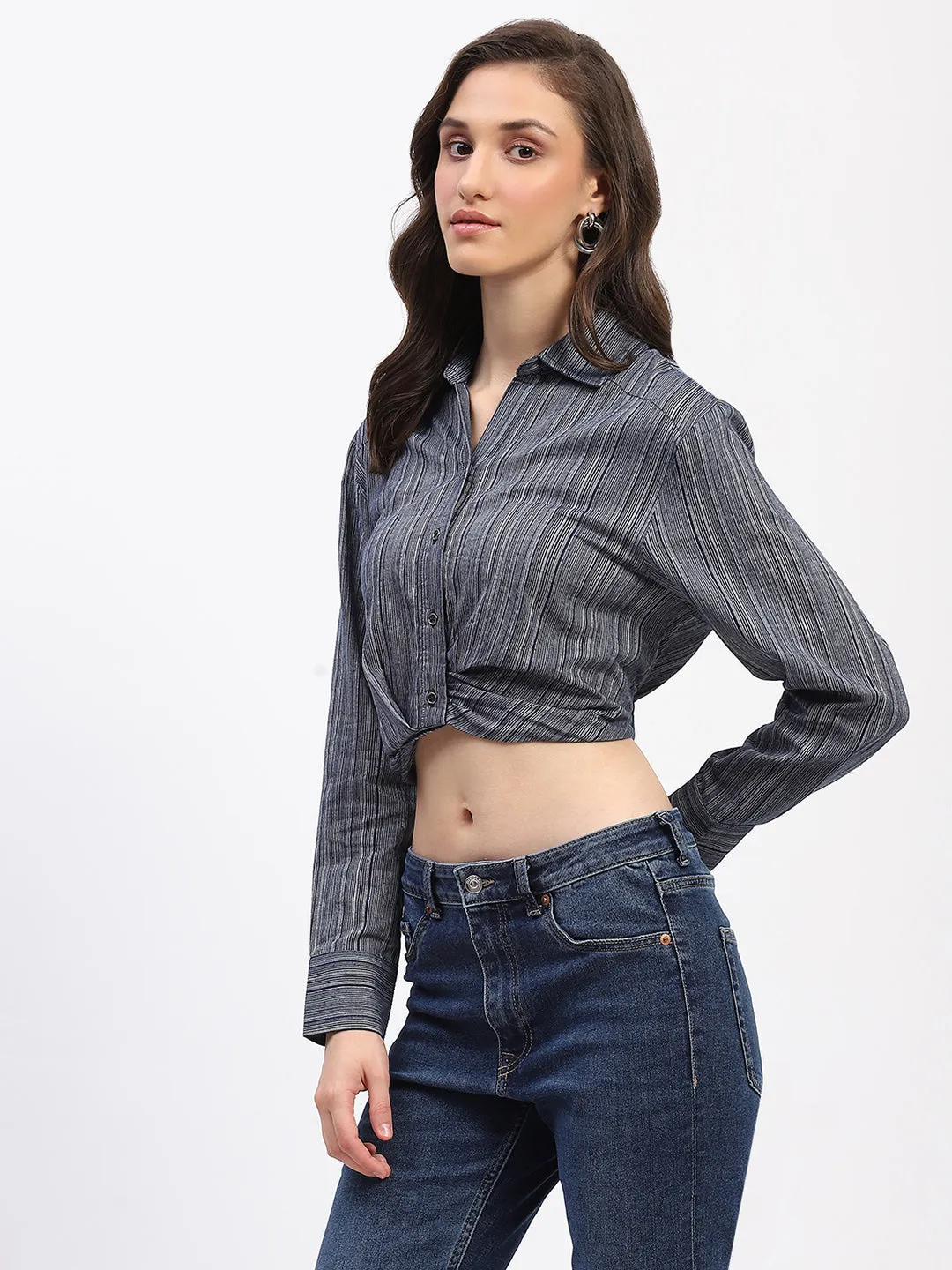 Madame Striped Overlap Detailing Collared Mauve Shirt Eco-Friendly Fabric