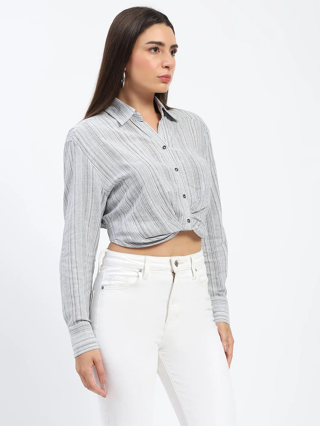 Madame Striped Overlap Detailing Off White Shirt Minimal Design