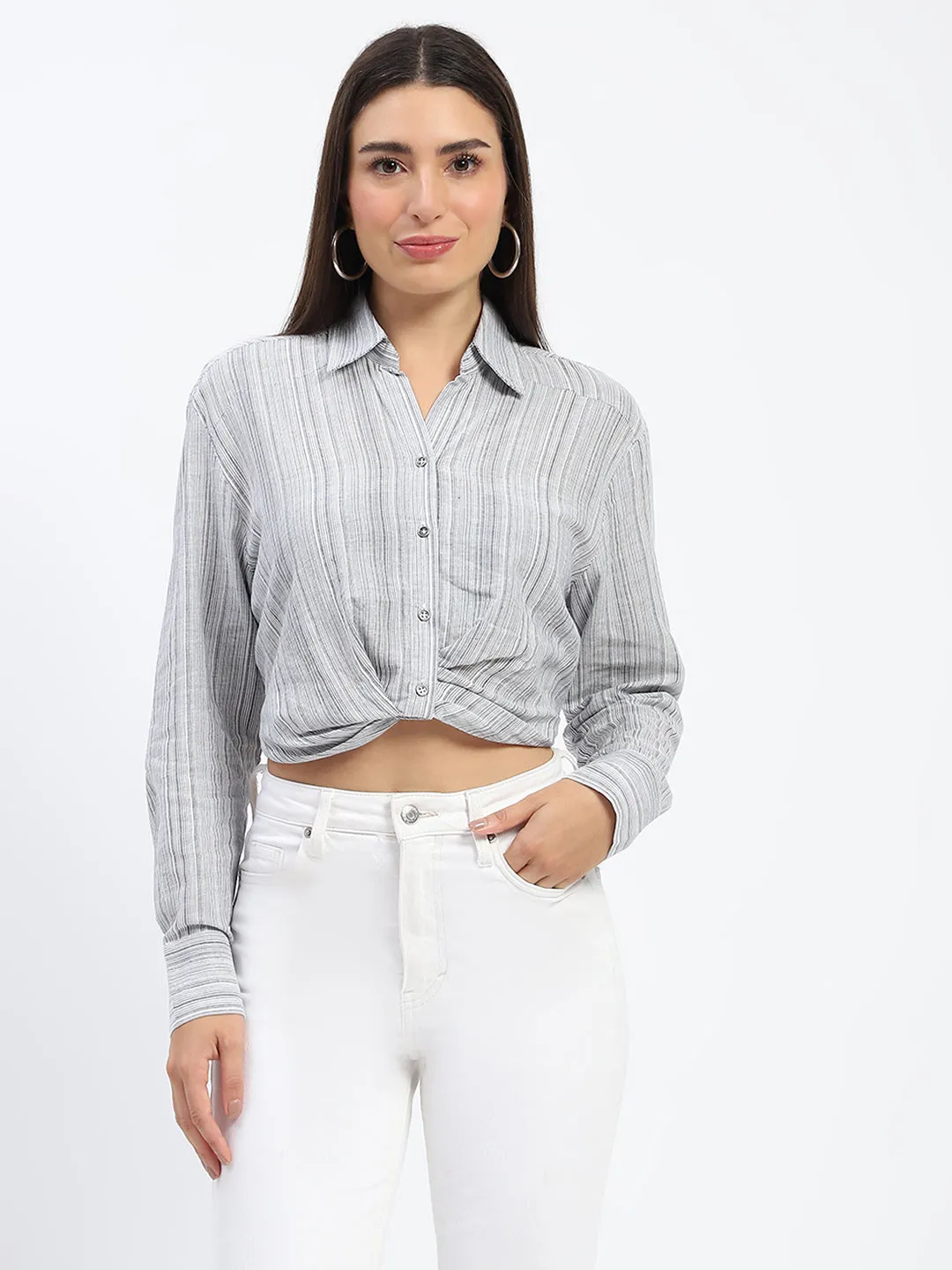 Madame Striped Overlap Detailing Off White Shirt Lightweight Layers Light Option