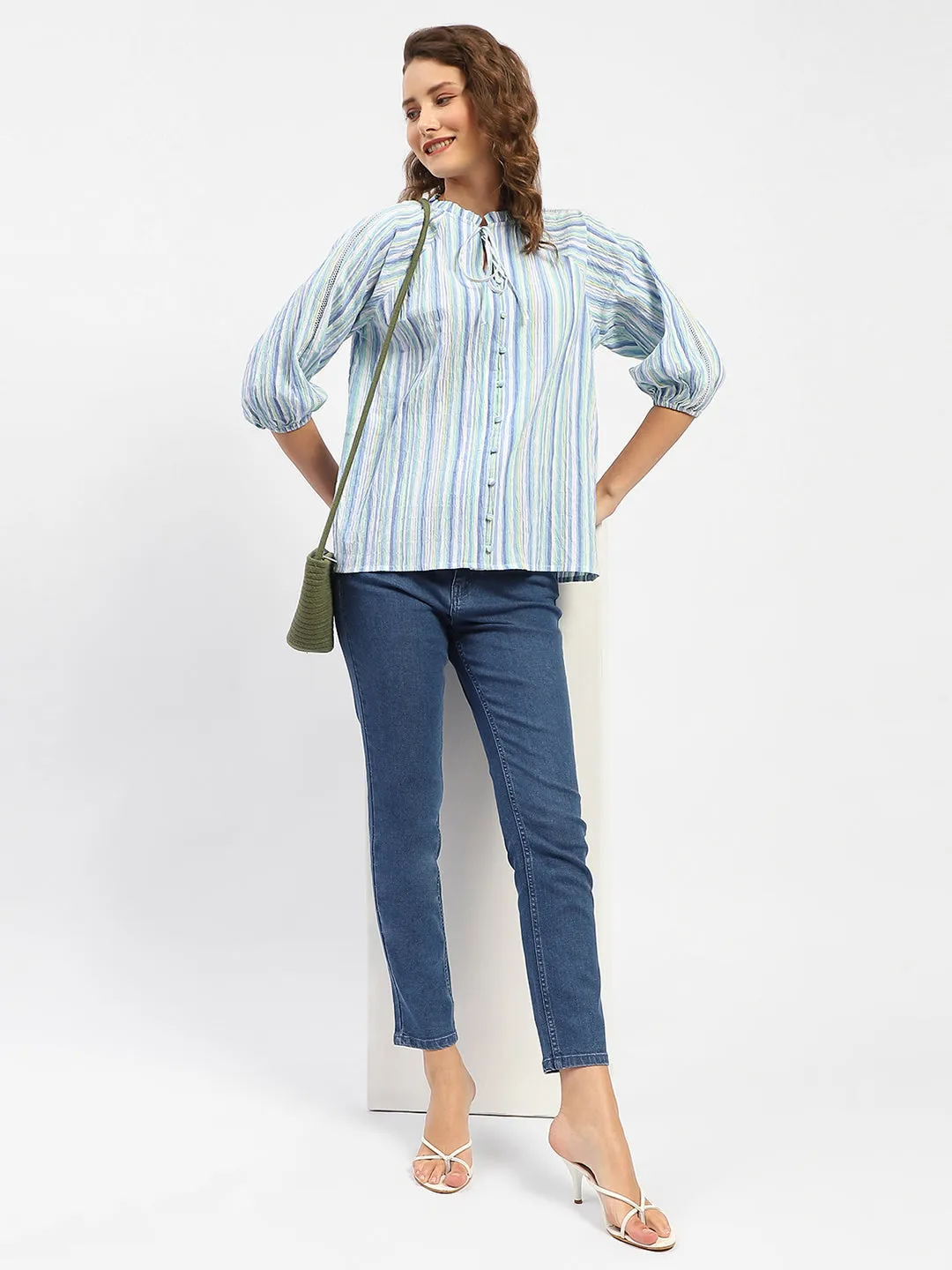 Nautical Look Premium Comfort Madame Striped Sky Blue Raglan Sleeve Shirt